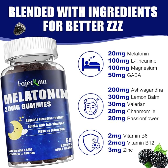 Natural Melatonin 20mg Gummies for Adults: Sugar Free Chewable Supplement with Magnesium Ashwagandha L-Theanine GABA Valerian Root Vitamin B12 Gummy - for Women Men Deep Zzz Immune Support(120Count)
