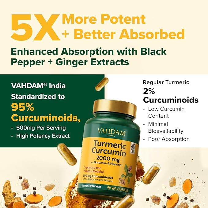 VAHDAM, Turmeric Curcumin Supplement 2000mg (500mg Curcuminoids) with Boswellia & Piperine for Fast Absorption | Supports Joint Health and Mobility | 90 Capsules