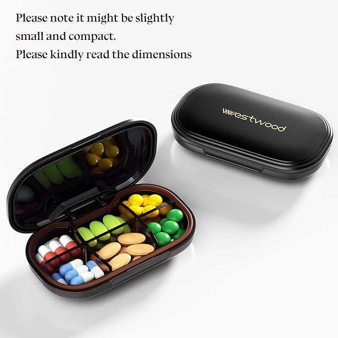 HyJeryty 6-Compartment Pill Organizer - Small Compact Daily & Travel Pill Case Container for Vitamins, Medication and Supplements - Portable Black Medicine Pill Box Holder with Stylish Cute Design