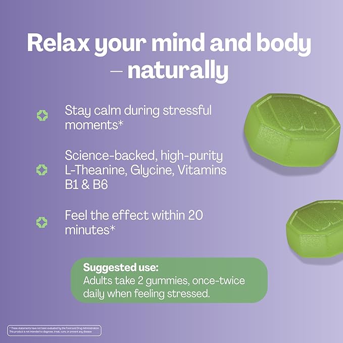 URVI® Neuro Gummies – 500mg Glycine, 150mg L-Theanine (high Potency), Vitamins B1 & B6 for Rest & Sleep, Relaxation, Calm Focus, Stress Relief – Caffeine- & Sugar-Free– Green Tea & Apple – 60 Count