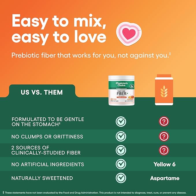 Physician's CHOICE Easy Mix Fiber for Digestive Health & Regularity - No Grit - Daily Prebiotic Soluble Fiber Powder Supplement for Women and Men - Peach Mango - 30 Servings