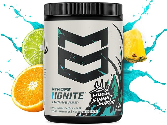 MTN OPS Ignite Sugar Free Energy Drink Powder with 200mg Caffeine, Nootropic Blend for Energy, Focus & Endurance, L Arginine & L Citrulline Pre Workout, 45 Servings, Hush Summit Surge