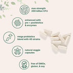 Micro Ingredients Probiotics 200 Billion CFU, 120 Veggie Capsules | Mega Probiotics for Men & Women | 40 Strains with Prebiotics, Postbiotics & Digestive Enzymes | Gut, Immune & Digestive Health