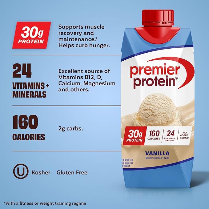 Premier Protein Shake, Vanilla, 30g Protein, No Added Sugar, 24 Vitamins & Minerals to Support Immune Health, 11 fl oz, 12 Pack