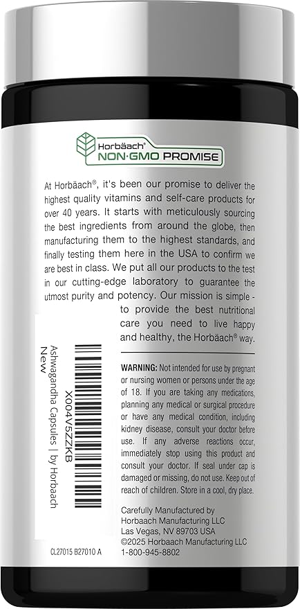 Horbäach Ashwagandha and Magnesium Glycinate | 120 Vegan Capsules | Support Supplement for Stress | Non-GMO, Gluten Free