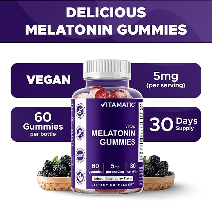 Vitamatic Melatonin Gummies – (2.5 mg, 5 mg & 10 mg Doses) | 60 Vegan Gummies per Bottle | Pack of 2