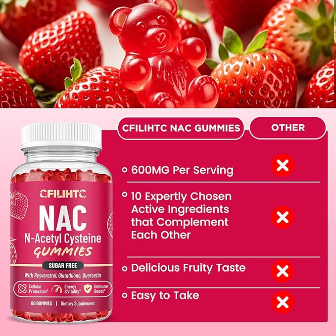 CFILIHTC (2 Pack) NAC Gummies 600mg, N Acetyl Cysteine Supplement with Glutathione, Resveratrol, Magnesium, CoQ10, NAC Chewable for Antioxidants & Immune Support, Strawberry Flavor 120 Gummies
