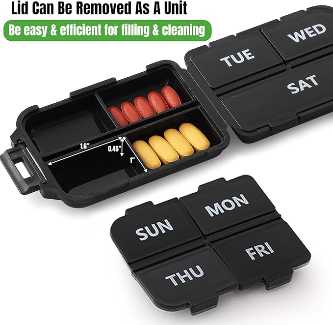 7 Day Compact Pill Organizer, Foldable Portable Travel Pill Box with Double Protection, Daily Small Pill Case Dispenser for Medication, Vitamins, Supplements (Black)