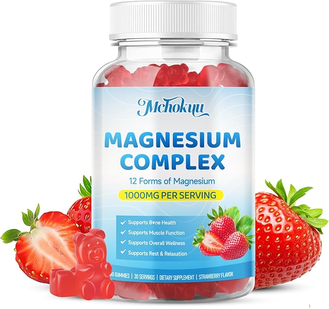 Magnesium Complex Gummies 1000mg | 12-in-1 Magnesium Complex Supplement with Glycinate, Citrate, Malate & Taurate Supports Muscle Function, Bone Health, Rest & Relaxation – Strawberry Flavor, 60 Count