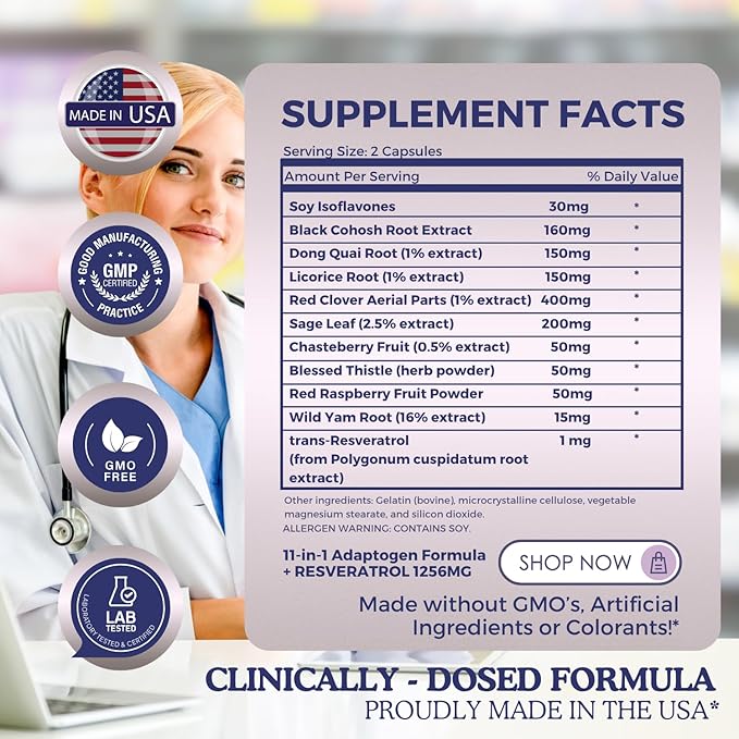 11-in-1 Hormonal Balance, Relief for Menopause Symptoms, Helps Reduce Hot Flashes, Night Sweats, and Mood Swings, Clinically Proven Ingredients, Natural PMS Support, Made in USA, 3rd Party-Tested