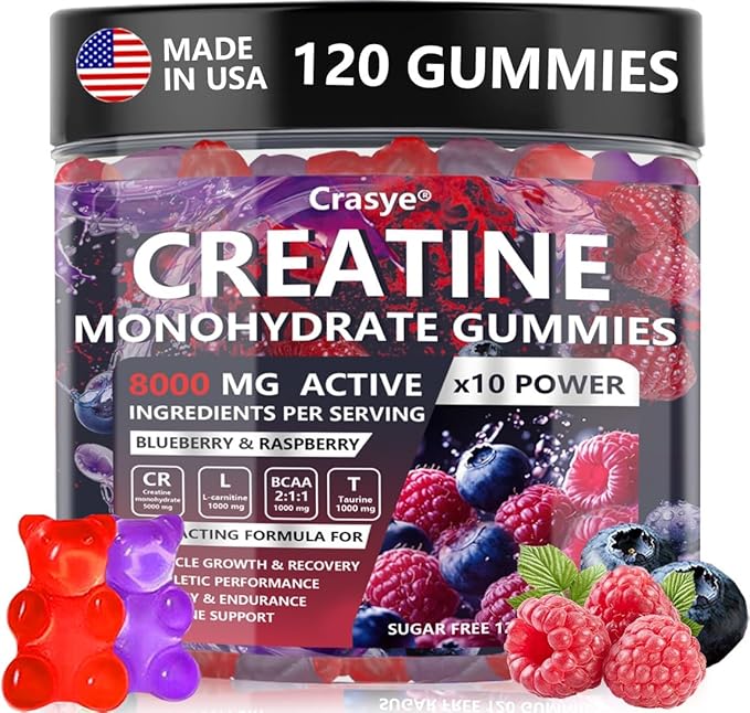 Creatine Gummies Complex 8000mg for Men and Women Creatine Monohydrate Gummy with BCAA Taurine for Muscle Strength and Energy Boost Sugar Free Pre-Workout Supplement - 120 Gummies