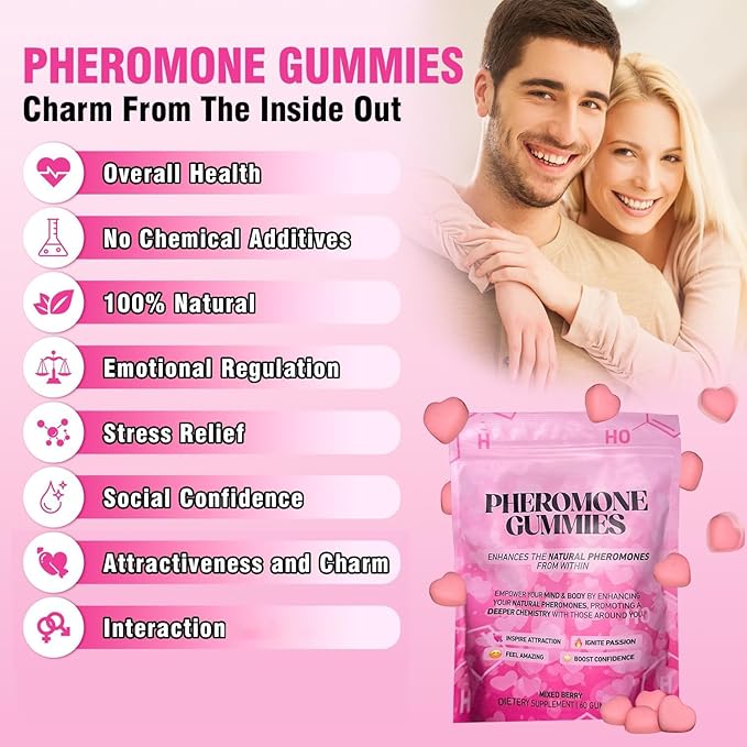 Pheromone Gummies with Slippery Elm, for Women,Enhance Charm,Supports Balance,Confidence & Social Vibe,Vegan,Non-GMO,Gluten-Free,Strawberry Flavor,60 Gummies