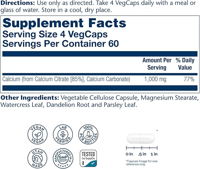 Solaray Calcium Citrate 1000mg - Chelated Calcium Supplement - Supports Bone Strength and Healthy Teeth - Easy to Digest - Vegan - 60 Servings, 240 VegCaps