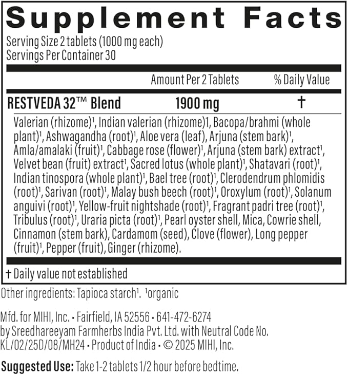 RestVeda 32™ Sleep Support – Ayurvedic Herbal Tablets with Ashwagandha, Brahmi, Valerian & More. Natural, Vegan, Non-Habit Forming Formula for restful, rejuvenating Sleep. 60 Tablets.