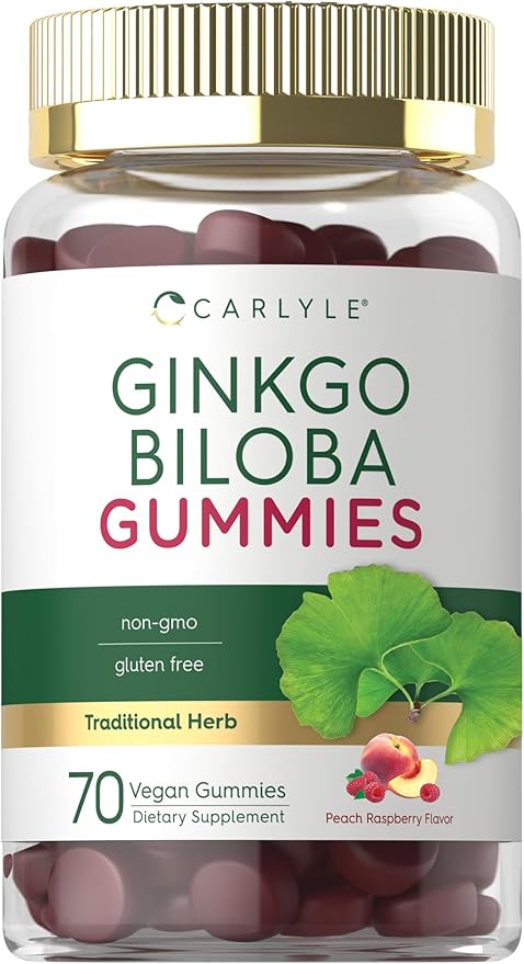 Carlyle Ginkgo Biloba | 70 Gummies | 45:1 Leaf Extract | with Peach Raspberry Flavor | Vegan, Non-GMO, Gluten Free Supplement