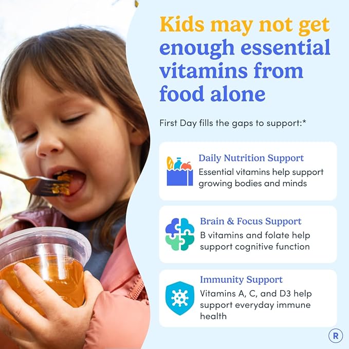 FIRST DAY Kids Multivitamin Gummies Age 4+, Strawberry & Orange - Kids Vitamins Multivitamin Gummy A C D3 K2 B1 B2 B6 B12 Folate, Immunity & Brain Function, Vegan - 60 Day Supply, Packaging May Vary