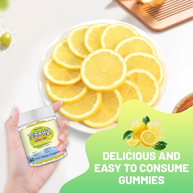 Vitamin D3K2 Gummies,Vitamin D3 10000 IU with K2 200mcg,VitaminC,Calcium,Magnesium,Zinc,Support for Bones,Joints,Muscles,Nerves,and Immune System (60, Lemon，Sugar-Free)