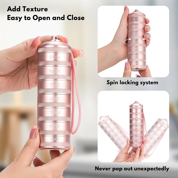 Metal Travel Pill Organizer - 7 Day Waterproof Metal Weekly Pill Box Daily Pill Case, Pill Container for Vitamin Medicine Supplements Fish Oil, Pink Medicine Pill Organizer