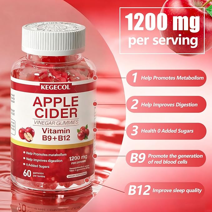 Apple Cider Vinegar Gummy Vitamins - 60 Count - Vitamin B12, Gelatin-Free, Gluten-Free