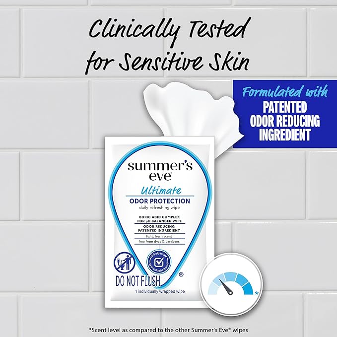 Summer's Eve Ultimate Odor Protection Daily Feminine Wipes, Gentle pH-Balanced Formula with Boric Acid Cleanses & Removes Vaginal Odor, Individually Wrapped Body Wipes, 12 Count (Pack of 2)