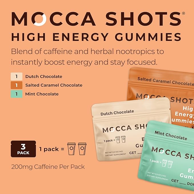 Caffeine Energy Chew 3-Pack, 200mg of Caffeine per Pack! Caffeine Boost, Coffee Energy Gummy, Mocca Shots High Energy Gummies, Vegan, Plant-Based, Gluten-Free (pack of 3)