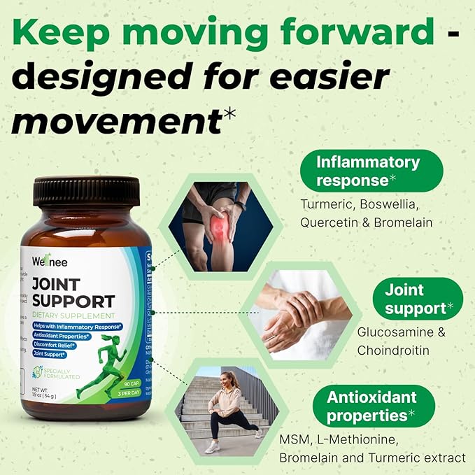 Wellnee Joint Support Supplement - Glucosamine Chondroitin MSM, Boswellia & Turmeric - Relieves Joint Discomfort & Supports Flexibility - Wellknee Joint Support - 90 Capsules, 30 Servings