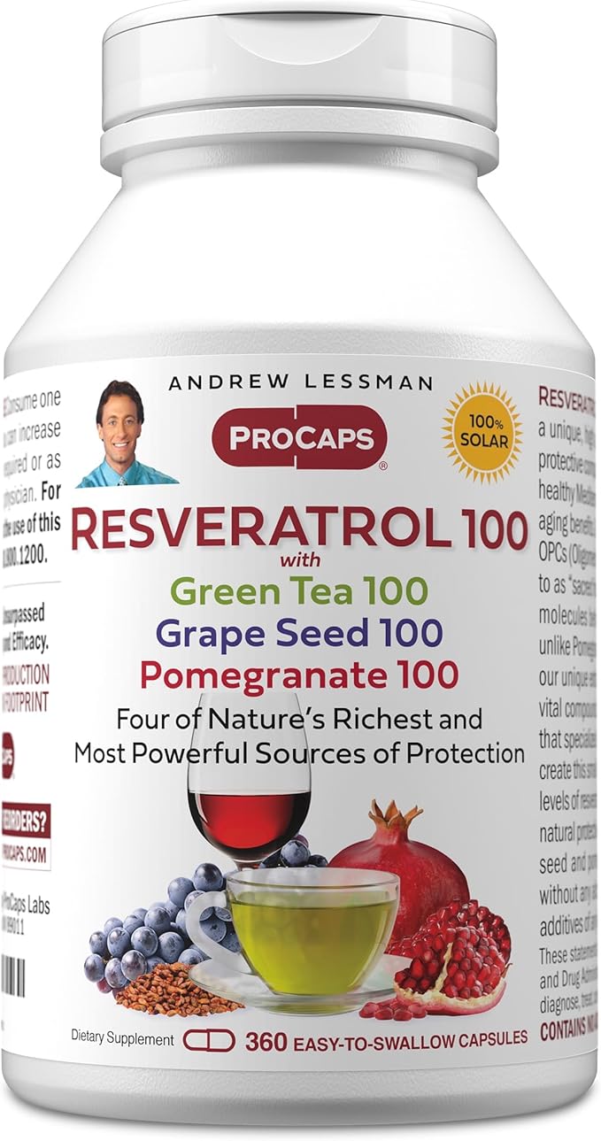 ANDREW LESSMAN Resveratrol-100 with Green Tea 100 Grape Seed 100 Pomegranate 100mg - 360 Capsules - Four Powerful, Protective Anti-oxidants.