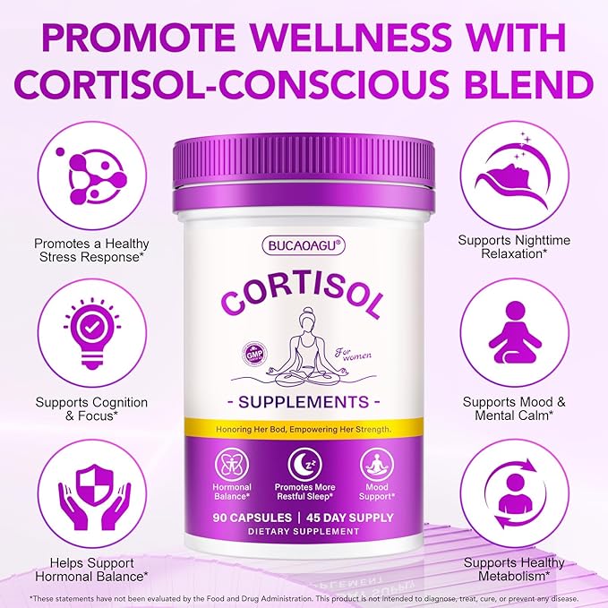 Cortisol Supplements for Women - Cortisol Reducer & Stress Support - Magnolia Bark, Rhodiola Rosea, Holy Basil, Magnesium, Phosphatidylserine - Hormone Balance & Mood, Focus, Sleep Support