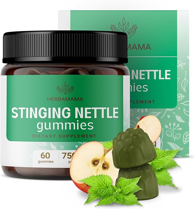HERBAMAMA Stinging Nettle Gummies - 7500mg Stinging Nettle Root Extract for Urinary Tract Support for Women & Men - Vegan, Non-GMO Urtica Dioica Supplement - 60 Pectin-Based Apple-Flavored Chews