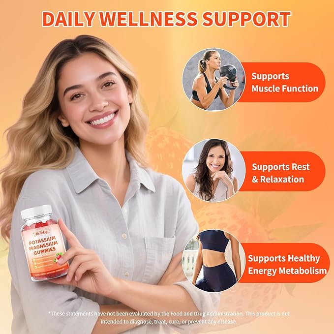 Potassium Magnesium Gummies – High Absorption Magnesium Glycinate – Magnesium Potassium Supplement Gummies with Vitamin B6, D3, B12 for Muscle Support, Sugar-Free Strawberry Flavor, 60 Count