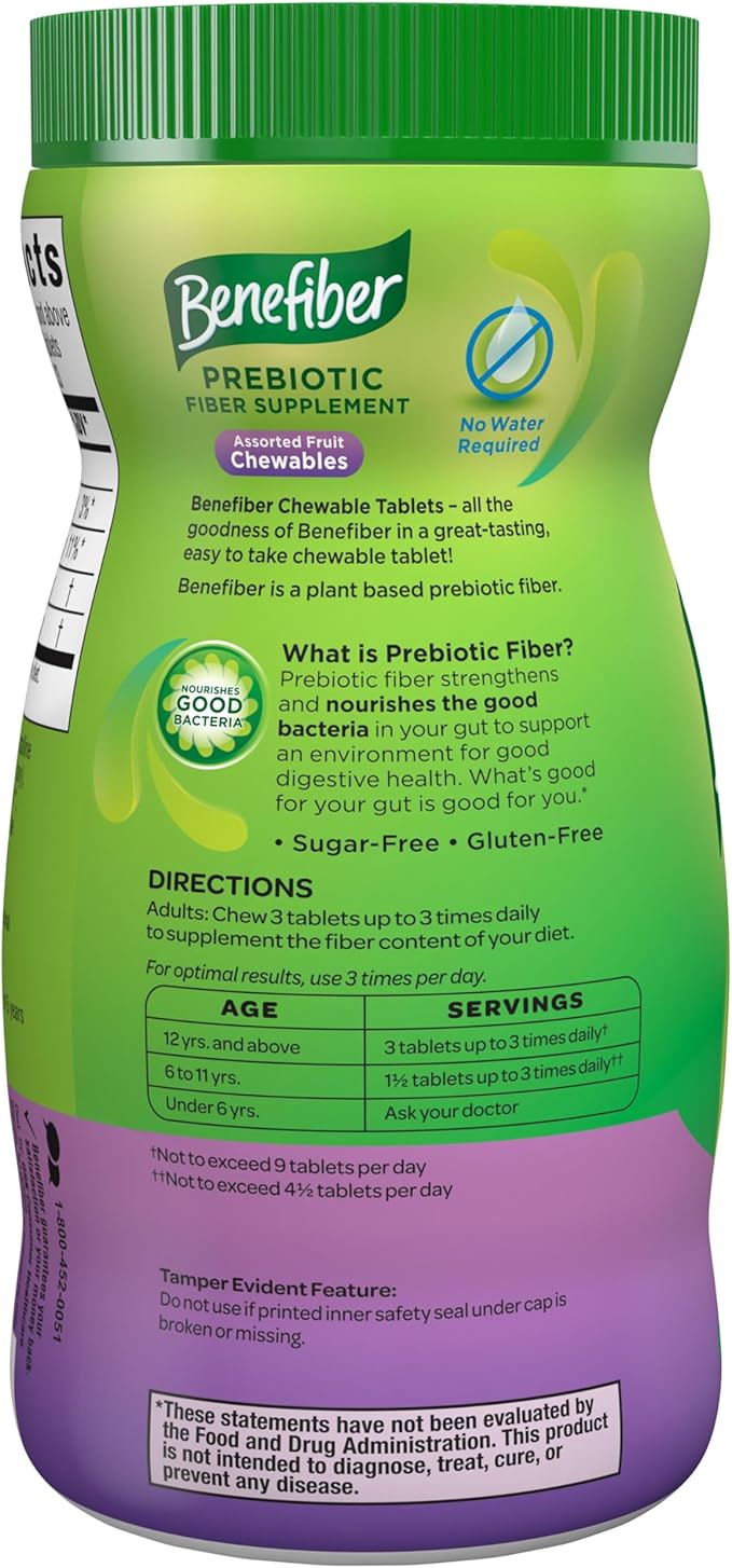 Benefiber Chewable Prebiotic GLP-1 Friendly Fiber Supplement Tablets for Digestive Health, Assorted Fruit Flavors - 100 Count