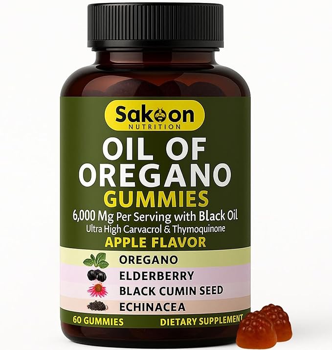 Sakoon nutrition Oil of Oregano Gummies – Immune Support with Oregano Oil 300mg, Black Cumin Seed, Elderberry, Echinacea – Antioxidants & Respiratory Health – Vegan, Non-GMO, Tasty Herbal Supplement