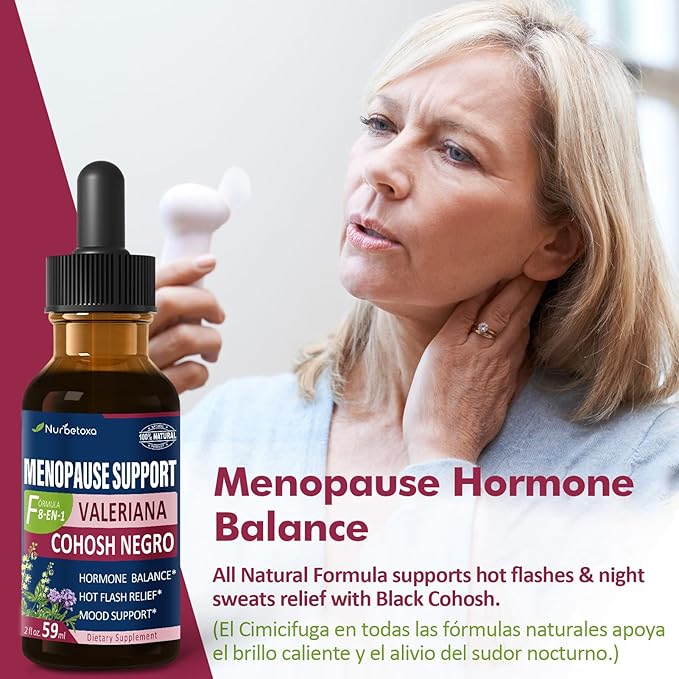 Black Cohosh Liquid Drops for Menopause Hot Flashes, 8-in-1 Herbal Supplements Tincture w/Red Clover, Motherwort Extract for Night Sweats. Cimicifuga & Valeriana para Menopausia. 2oz