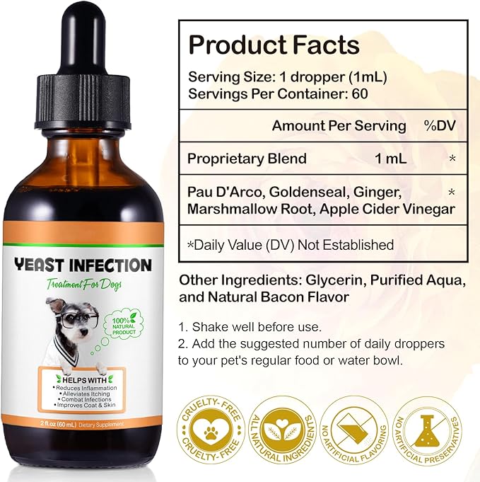 60ML Natural Yeast Infection Treatment for Dogs, Dog Allergy Relief, Skin Itch Relief Supports Healthy, Inflammation Relief, Alleviates Itching, Allergy Relief Dog Yeast