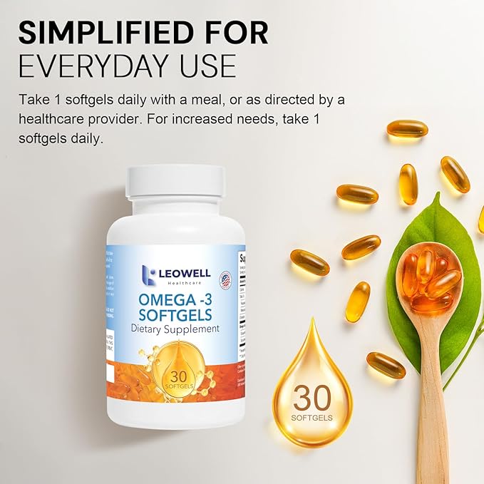 Leowell Omega-3 Softgels – High Potency EPA 432 mg & DHA 288 mg Fish Oil Supplement – 720 mg Total – 30 Softgels – Supports Heart, Brain & Joint Wellness – Fish Oil Pills, Omega 3 Supplement