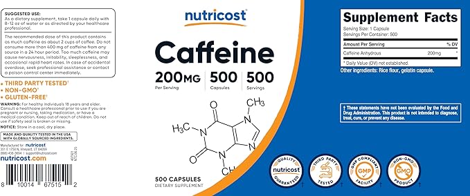 Nutricost Caffeine 500 Capsules, 200mg Per Capsule (2 Bottles)