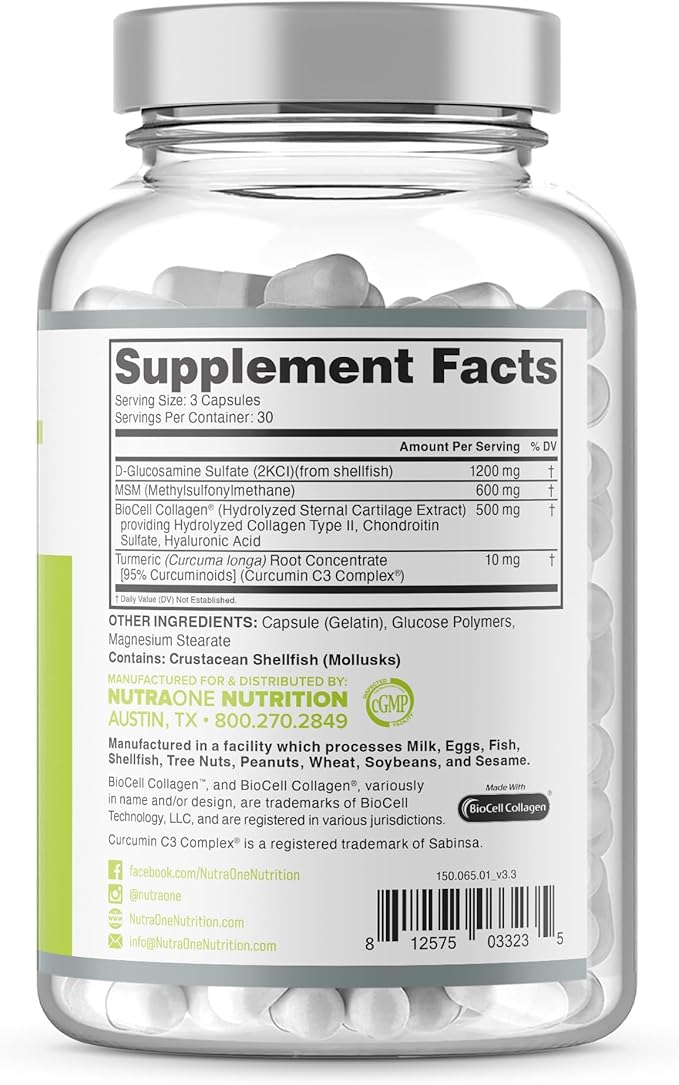JointOne Joint Support by NutraOne - Joint Supplement for Women and Men to Help Maintain Joint Health with Collagen, Glucosamine, and Turmeric* (90 Capsules)