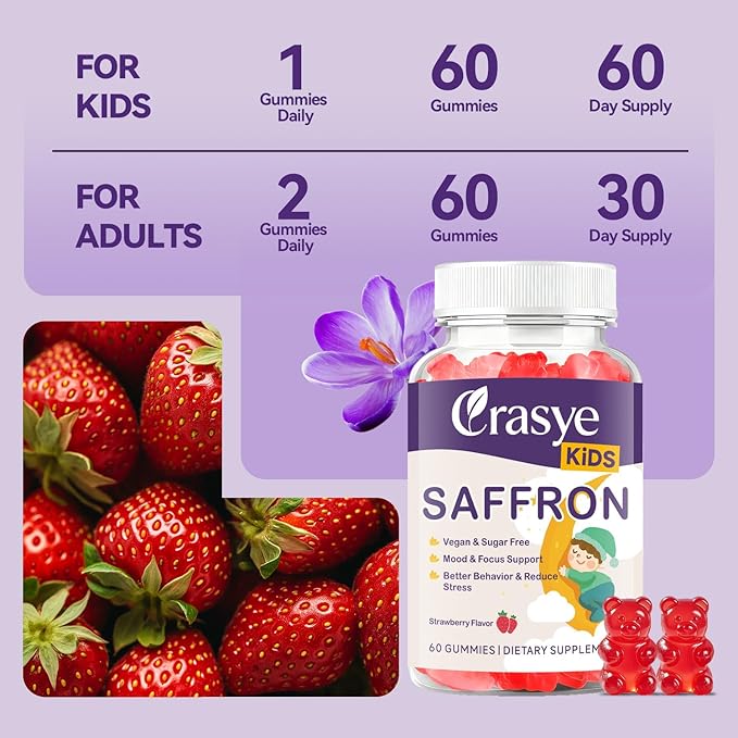 Saffron Gummies for Kids 100% Pure Organic Saffron Extract Sugar Free Saffron Supplements Gummy for Children Calm Mood & Focus - 60 Gummies