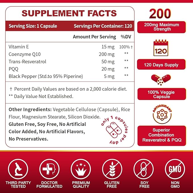 ZEBORA CoQ10-200mg with Trans-Resveratrol, PQQ & Vitamin E - High Absorption Coenzyme-Q10 with BioPerine - Powerful Antioxidant for Heart & Energy-Production,120 Veggie Capsules
