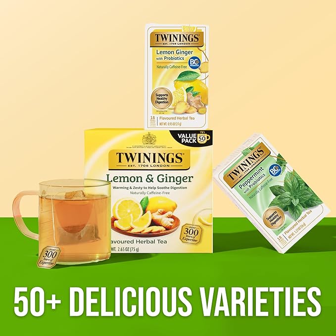 Twinings Lemon & Ginger with Probiotics Flavoured Herbal Tea, Supports Healthy Digestion, Naturally Caffeine-Free, 18 Tea Bags (Pack of 1), Enjoy Hot or Iced, 18 Teabags