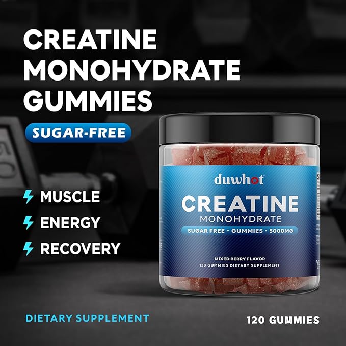 duwhot Creatine Monohydrate Gummies for Men, Creatine Monohydrate Chewables 5g Per Serving, Vegan, Sugar Free, Mixberry Flavor, 120 Count
