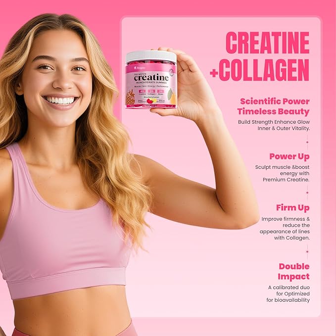 Creatine Gummies for Women, 8000 MG Complex with Collagen + BCAAs + Vitamin C & B12, Creatine Monohydrate Gummies for Women, for Booty, Energy & Strength, Sugar Free 120 Count Strawberry-Lemon Flavor