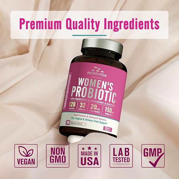 Women's Probiotic, 120 Billion & 32 Strains with Cranberry, Prebiotics & Digestive Enzymes, Gut, Vaginal & Urinary Tract Support, 30 Delayed Release Capsules