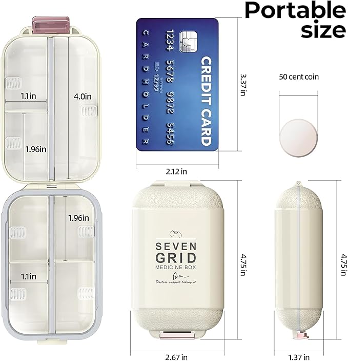 7 Compartments Travel Pill Organizer, Foldable Portable Airtight Daily Pill Box, Compact Pill Case for Purse & Pocket, BPA-Free Medicine Organizer for Vitamins Fish Oil Supplements (White)