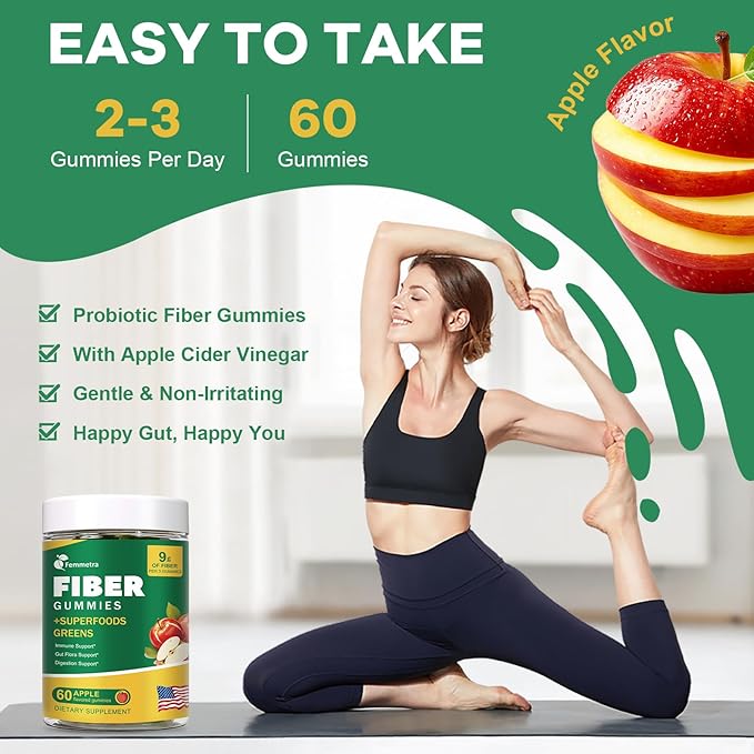9G Fiber Gummies for Digestive Health & Regularity - No Sugar Added Apple Flavor - Prebiotic Fiber Supplement with Greens - Daily Gummies for Adults, Women & Men - 60CT