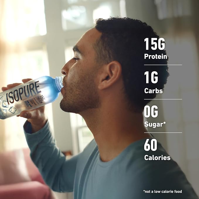 Isopure Clear Protein Water with Electrolytes, 15g Whey Protein Isolate, Zero Sugar, Unflavored, 20 fl oz Bottles, 12-Pack