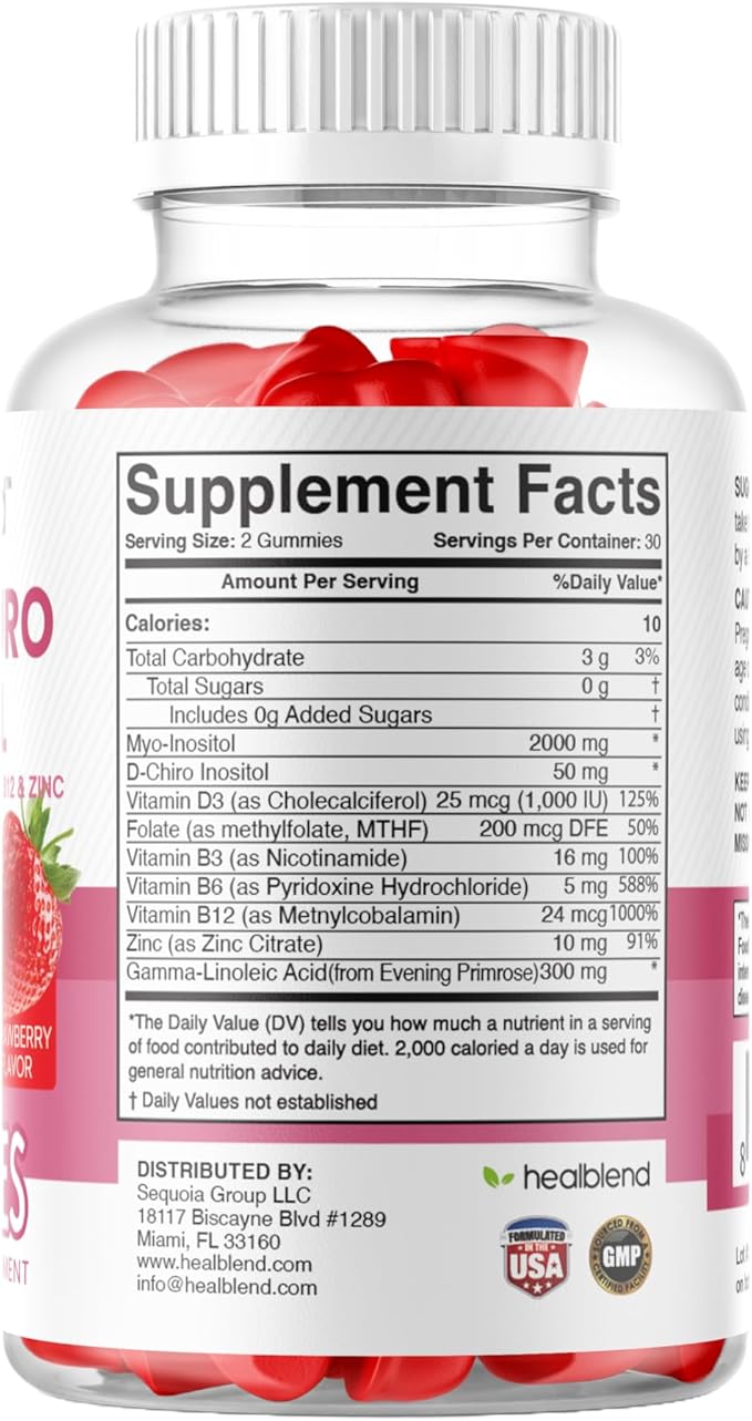 healblend Myo & D-Chiro Inositol Gummies - PCOS Support for Women, Hormone Balance, Fertility & Ovulation - with Methylfolate, Vitamin D3, Zinc, Evening Primrose - Strawberry, Sugar-Free, 60ct (2)