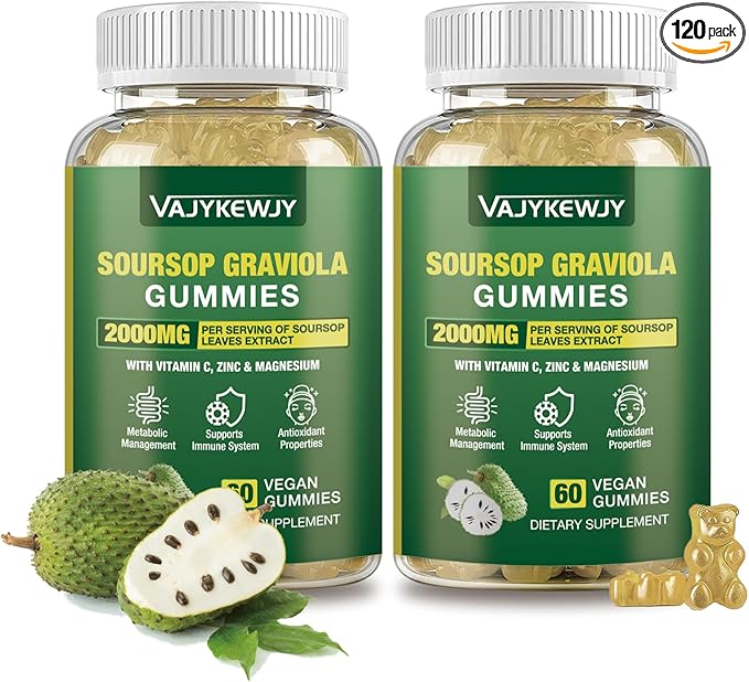 2 Pack Soursop Graviola Gummies - 2000mg Extra Strength Soursop Leaves Extract, Vitamin C, Zinc & Whole Natural Food for Immunity, Vegan, 120 Gummies