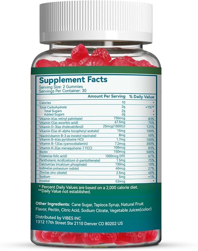 Women's Multivitamin Gummies, Vitamins A, C, D3, E, K, B12, Calcium, Biotin, Folic Acid, Inositol, Multivitamin for Women for Daily Nutritional Support, 30 Day Supply - 60 Count
