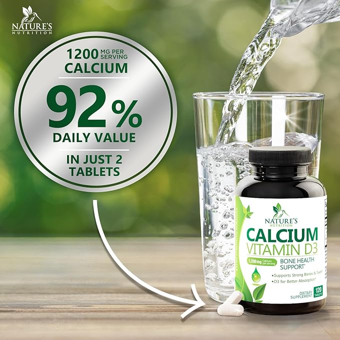Calcium Supplement with Vitamin D3-1200 mg Calcium per Serving with D3 for Best Absorption - Supports Immune Health, Bones & Teeth - Nature's Calcium is Bottled in USA for Women & Men - 120 Tablets